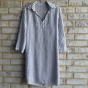 Tampo Paris 3/4 Sleeve V-Neck Collared 100% Linen Striped Shirt Dress Size S/M